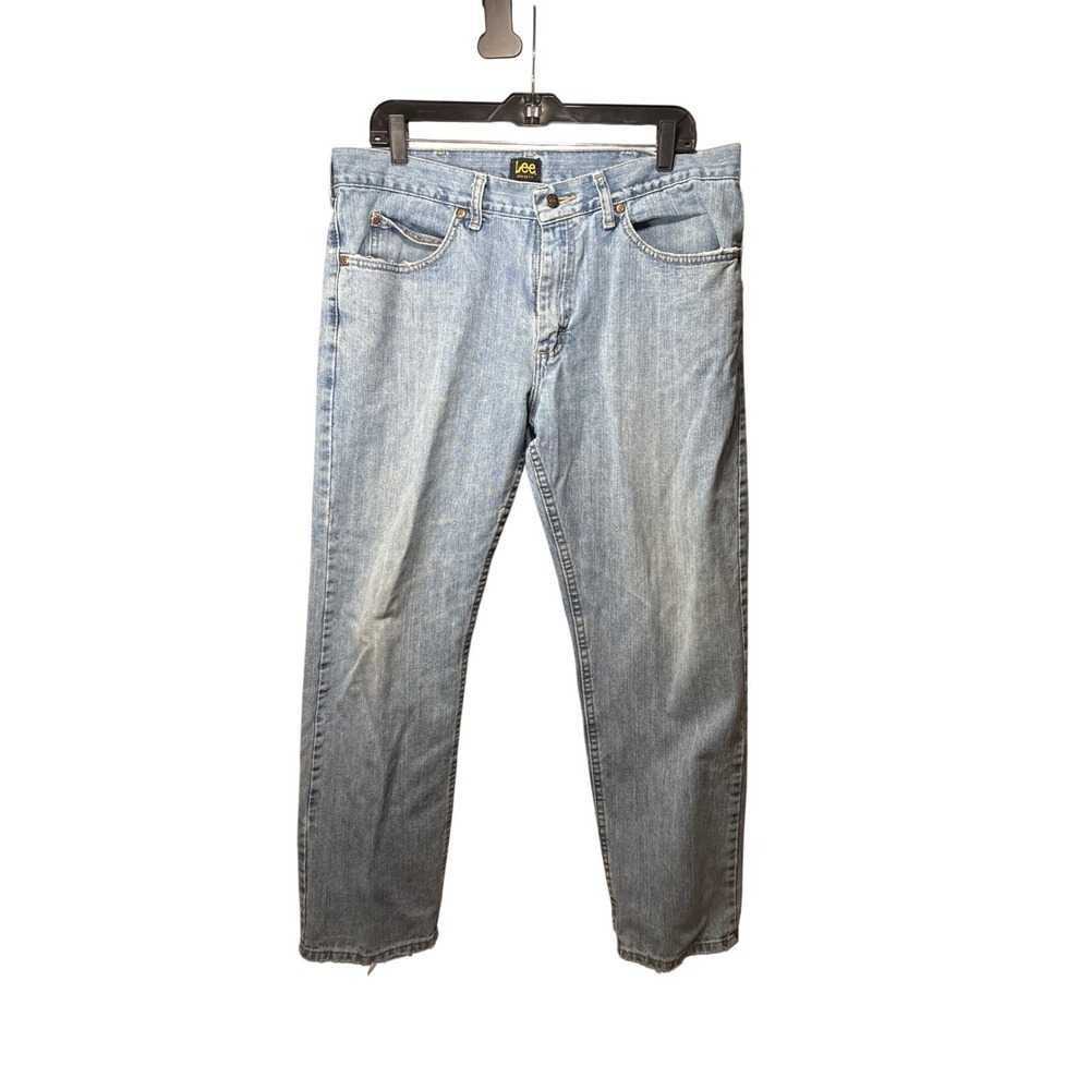 Lee Jeans Straight Leg Mens 36x30 Light Blue Good Distressed Regular Fit